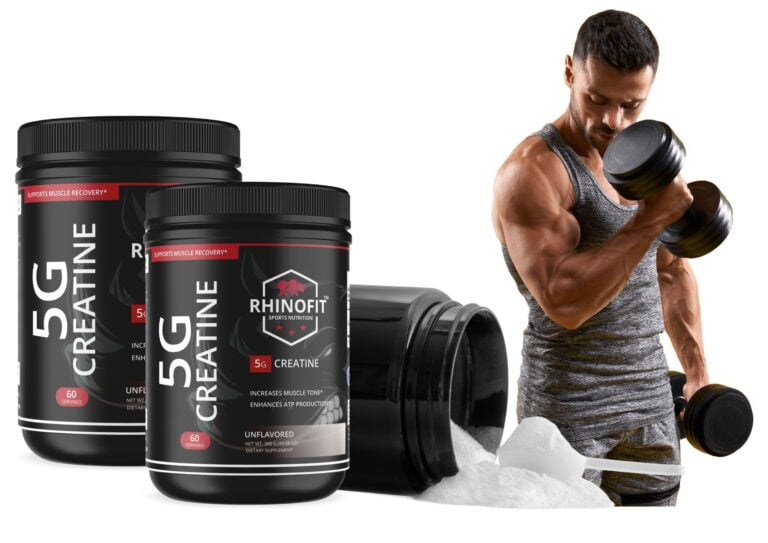 Image of RhinoFit's Creatine Supplements and a man lifting weights