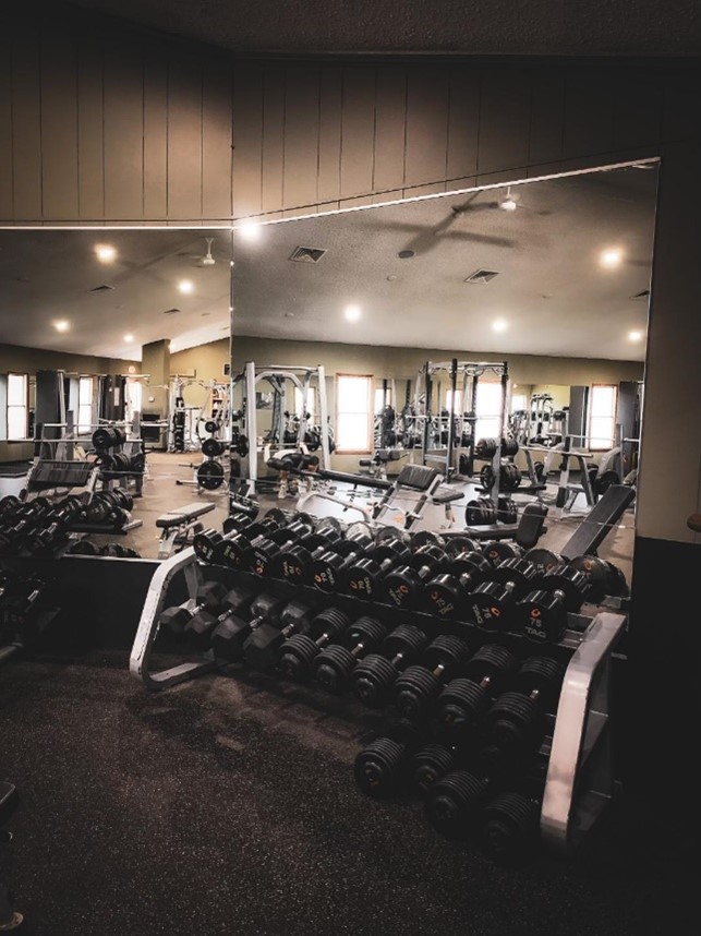 Rack of free weights inside of Brusson's Gym