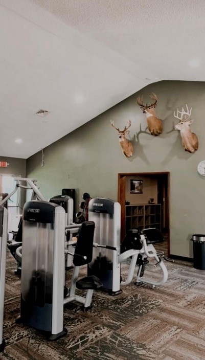 Wall with mounted game animals inside the gym