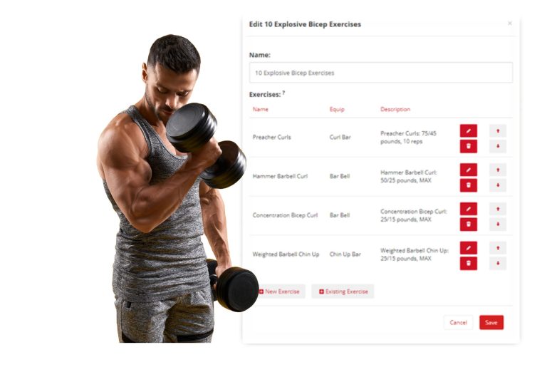 Image of tracking bicep exercises in RhinoFit's workout tracking software