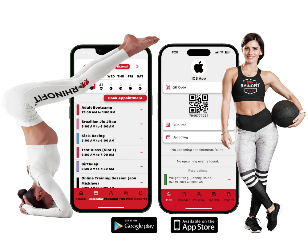 Image of two women exercising along with RhinoFit's gym management software and fitness app