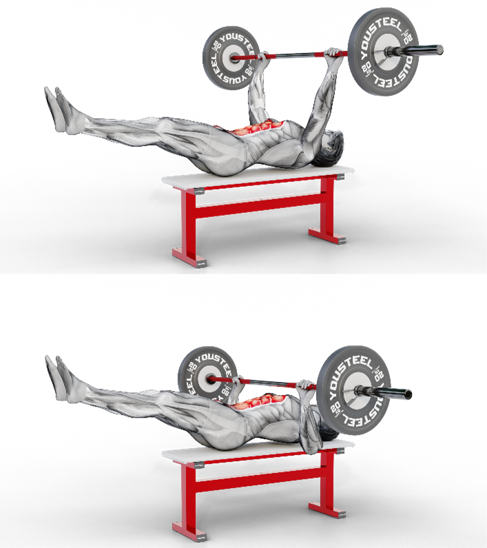 Image of the hollow body barbell bench press ab workout