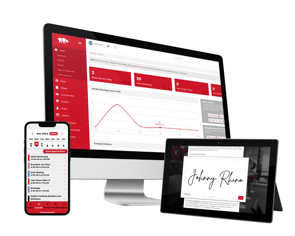 image of RhinoFit's cloud-based gym software displaying a desktop device, tablet, and mobile phone for gym owners