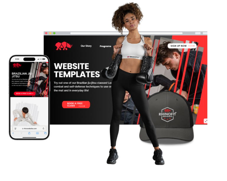 Image of a women boxing with RhinoFit's responsive gym website templates and product store on a desktop device and mobile phone