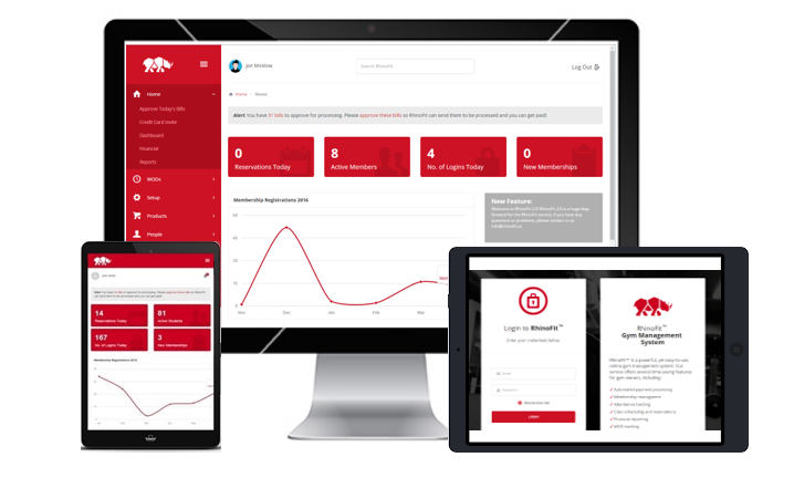 RhinoFit member management software running on tablet, desktop or a handheld device