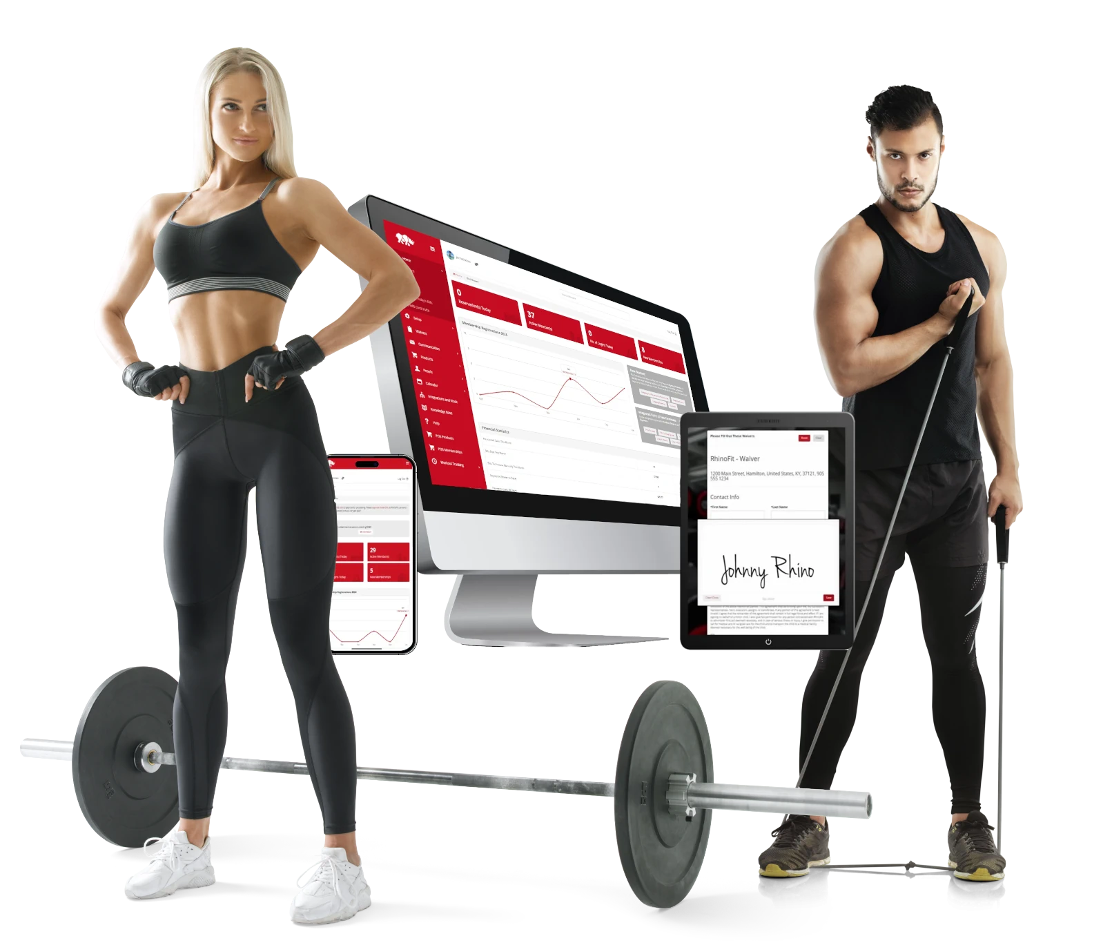 An image of a couple exercising at a fitness facility with RhinoFit gym management software displayed on several computer devices including our desktop, tablet, and fitness app.