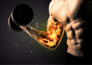 Image of man doing a bicep curl with fire on his arm representing explosive bicep exercises