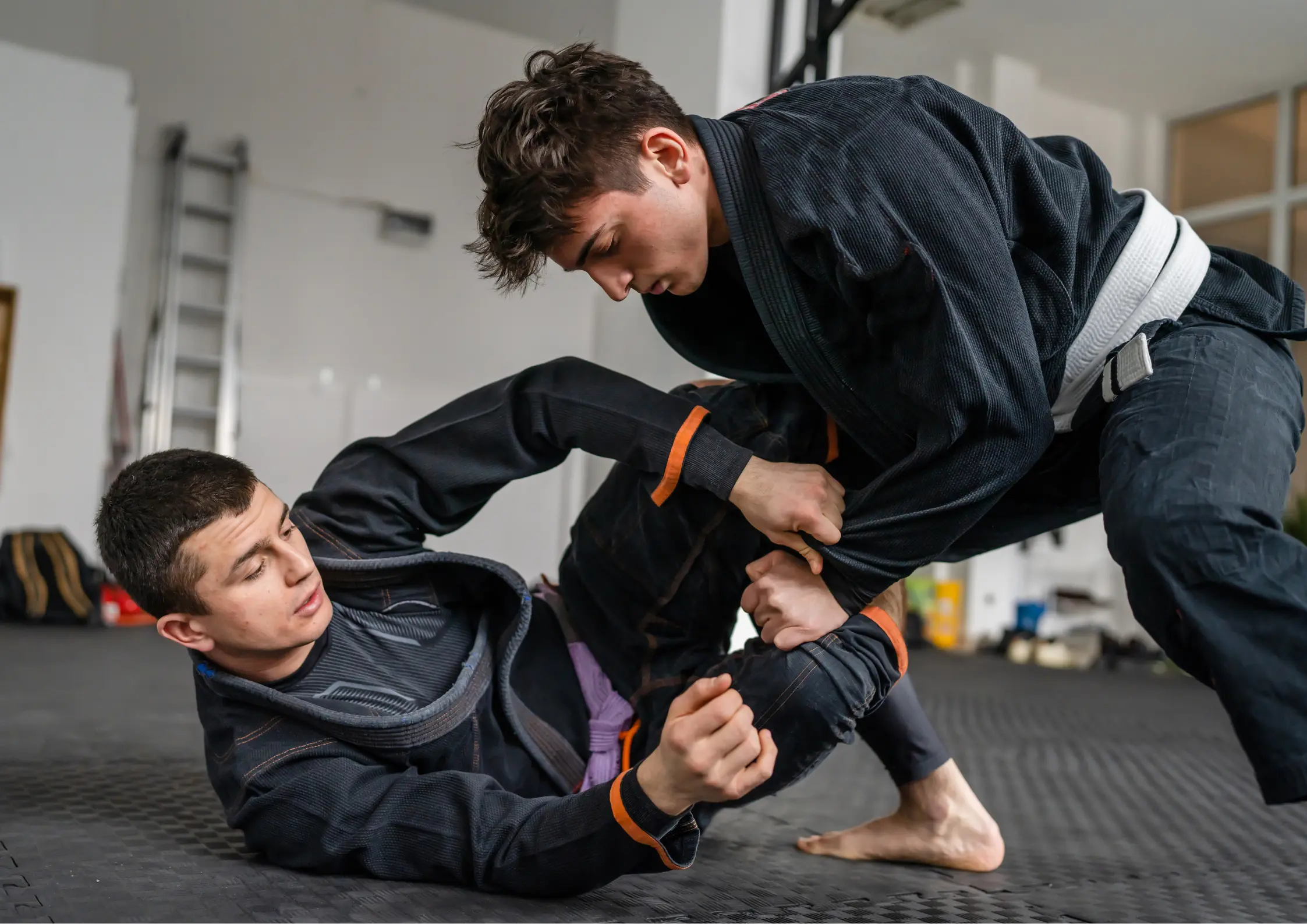 Image of two Brazilian Jiu-Jitsu athletes, including a member with a brown bjj belt rank