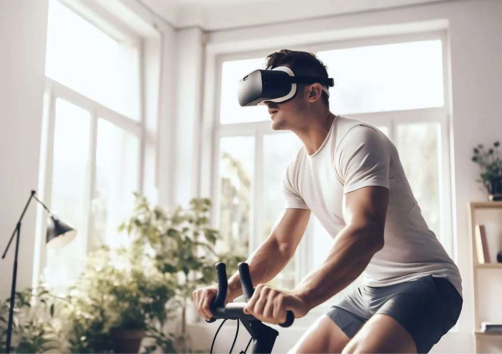 Image a man testing out some new emerging fitness technology in 2024; working out while playing video games