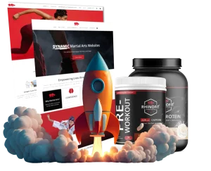 Image of a rocket, products in a gym, and gym website templates that integrate in RhinoFit's gym software