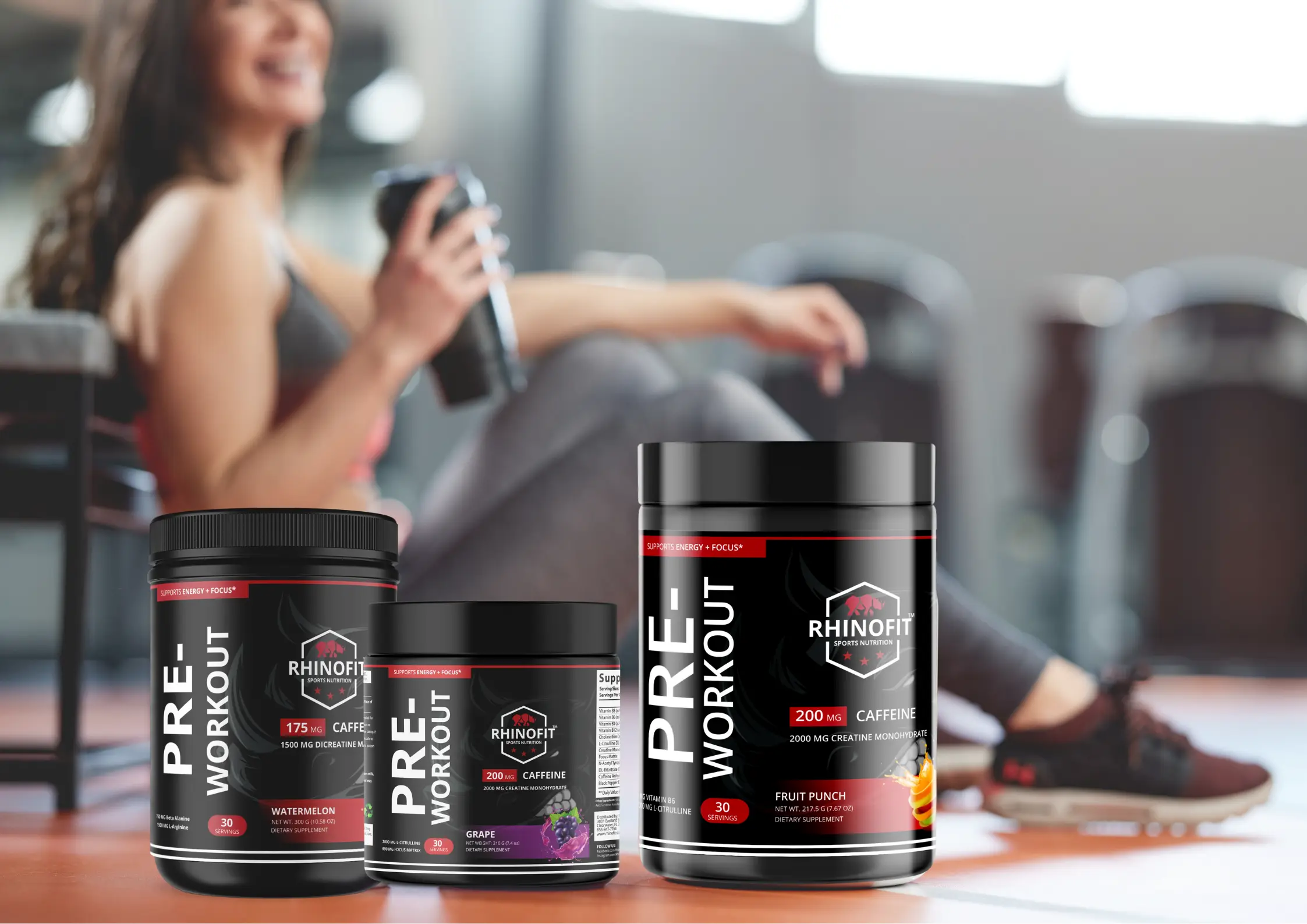 Image of pre-workout supplements and a woman smiling