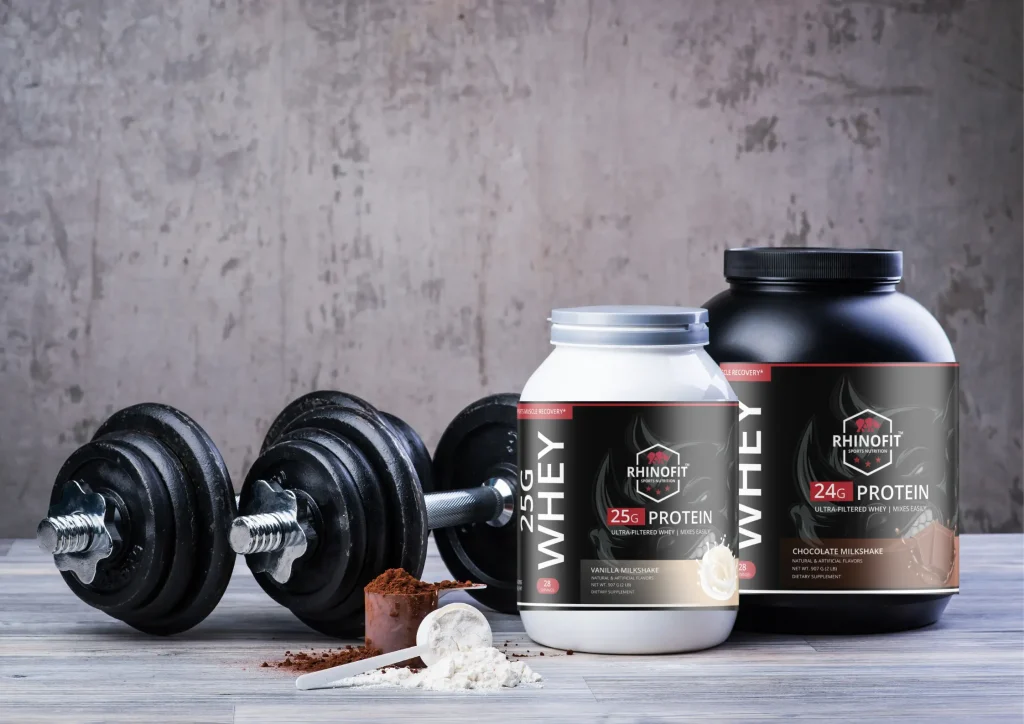 Image of RhinoFit Whey Protein Powder including Whey Protein Concentrate, Isolate, and Hydrolysate.