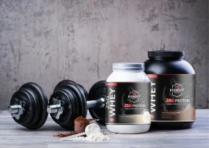 Image of RhinoFit Whey Protein Powder including Whey Protein Concentrate, Isolate, and Hydrolysate.